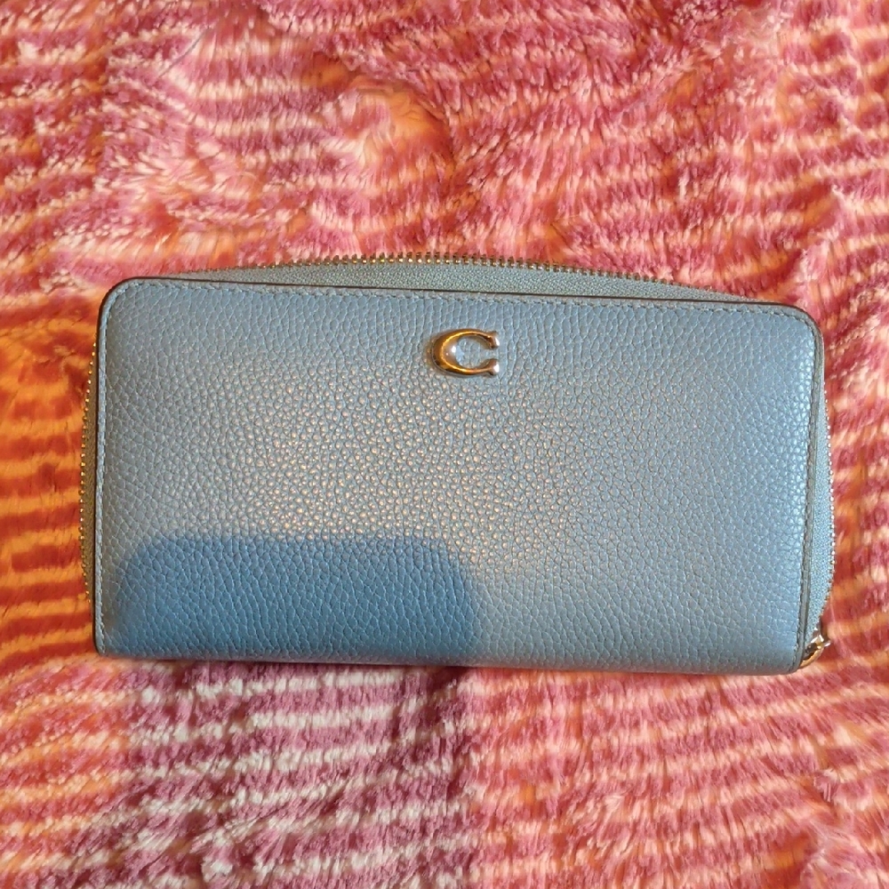 Coach Pebbled Leather Zip Wallet in Light Blue with Gold C